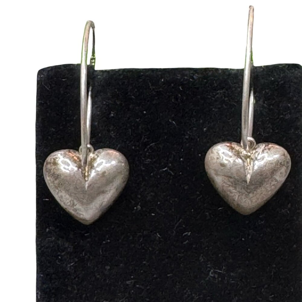 Vintage Sterling Silver 925 Puffy Heart Shaped Dangle Hoop Earrings 1" Light